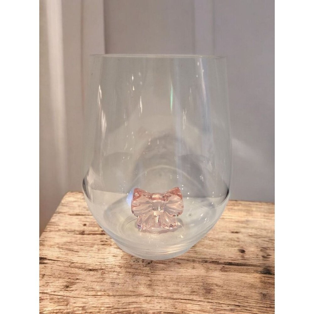 New Pink Bow Tie Girly Acrylic Stemless Wine Glass 3D Party Drinking Cup